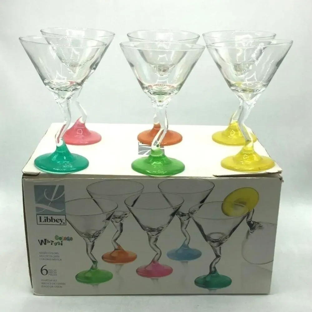 Libbey WATUSI Multicolor Martini Glasses Retro Zig Zag Stem Barware